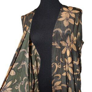 Lularoe Green Gold Tan Floral Open Long Cardigan Sleeveless Cover Up Duster L